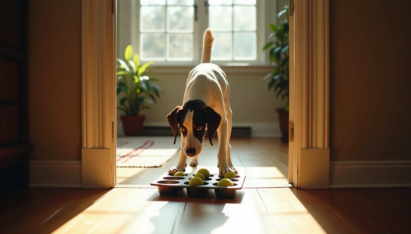 White and liver pointer sniffing a muffin tin puzzle on worn hardwood floor, framed through an open doorway in morning light.