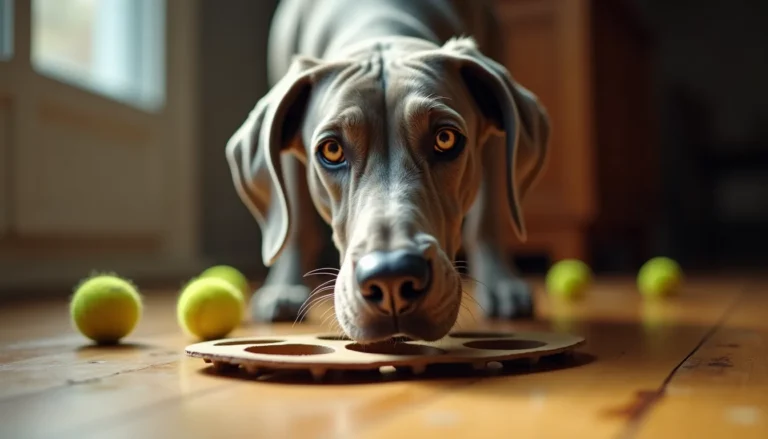 Silver-gray Weimaraner's muzzle close to a cardboard muffin tin puzzle with tennis balls on worn hardwood floor.