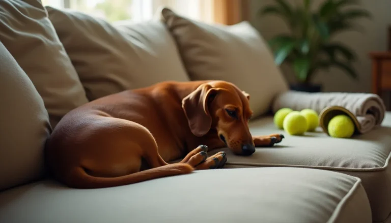 Red smooth-coat dachshund napping on a beige couch, a rolled towel and scattered tennis balls visible in the background.