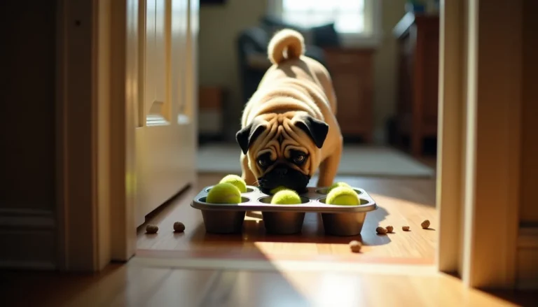 Small wrinkly tan pug with dark mask sniffing a muffin tin puzzle toy on worn hardwood floors, framed through an open doorway.