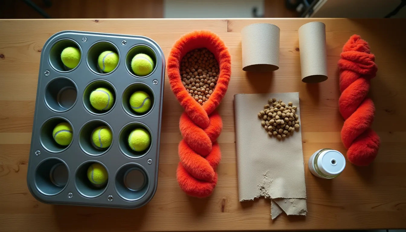 Overhead flat-lay of a muffin tin with tennis balls, braided fleece strips, cardboard tubes, and kibble on a worn oak kitchen table.