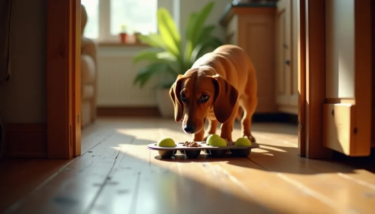 Red smooth-coat dachshund nosing a muffin tin puzzle on hardwood floor, framed through an open doorway in warm morning light.
