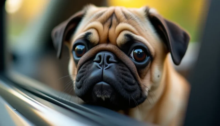Close-up of a small wrinkly tan pug with dark mask pressing its muzzle against a car window in warm afternoon light.