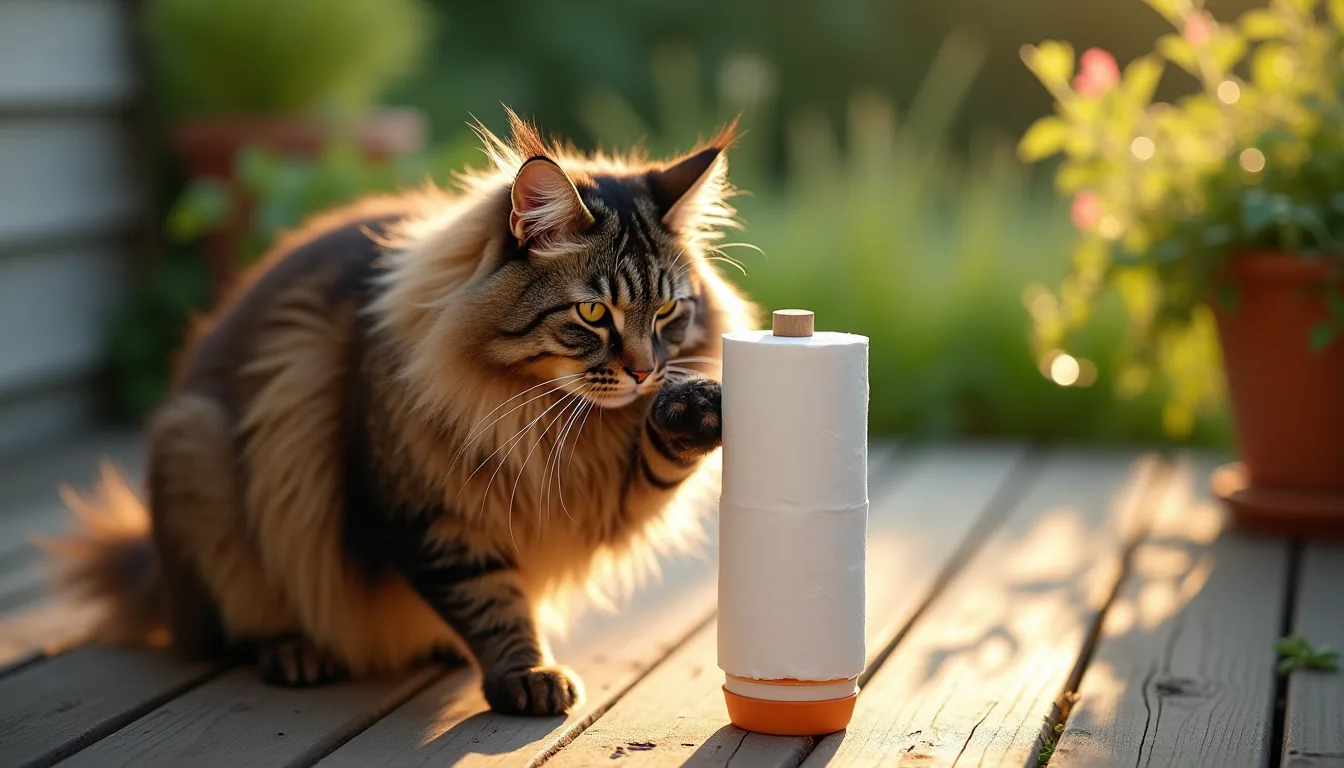 Large long-haired Maine Coon with tufted ears batting a toilet paper roll treat dispenser on a weathered wooden deck, green plants behind.