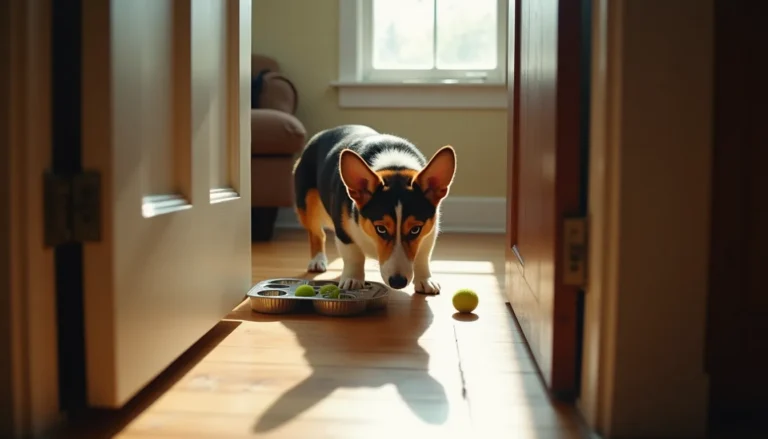 Tri-colored Cardigan Welsh Corgi nosing a muffin tin puzzle on worn hardwood floor, framed through an open doorway in morning light.
