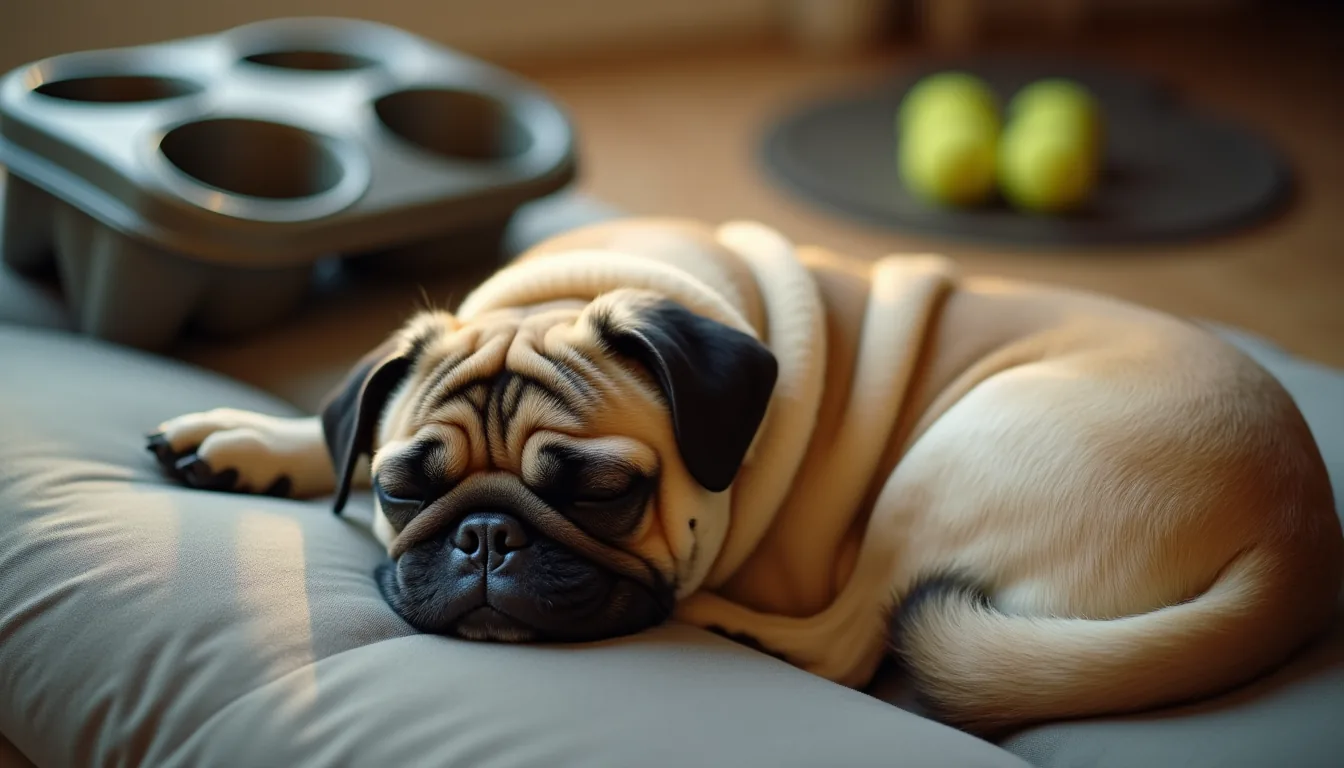 Small tan pug with dark mask napping on a gray sofa, muffin tin and tennis balls scattered on the floor behind it.