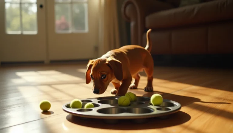 Smooth-coated red dachshund puppy walking toward a muffin tin puzzle with tennis balls on a worn hardwood floor in morning light.