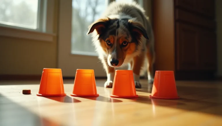 Merle Australian Shepherd viewed from behind, focused on three upside-down cups on a worn hardwood floor in warm afternoon light.