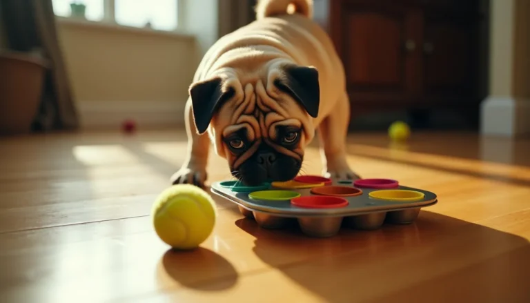 Small wrinkly tan pug sniffing a muffin tin puzzle with tennis balls on worn hardwood floors in morning light.