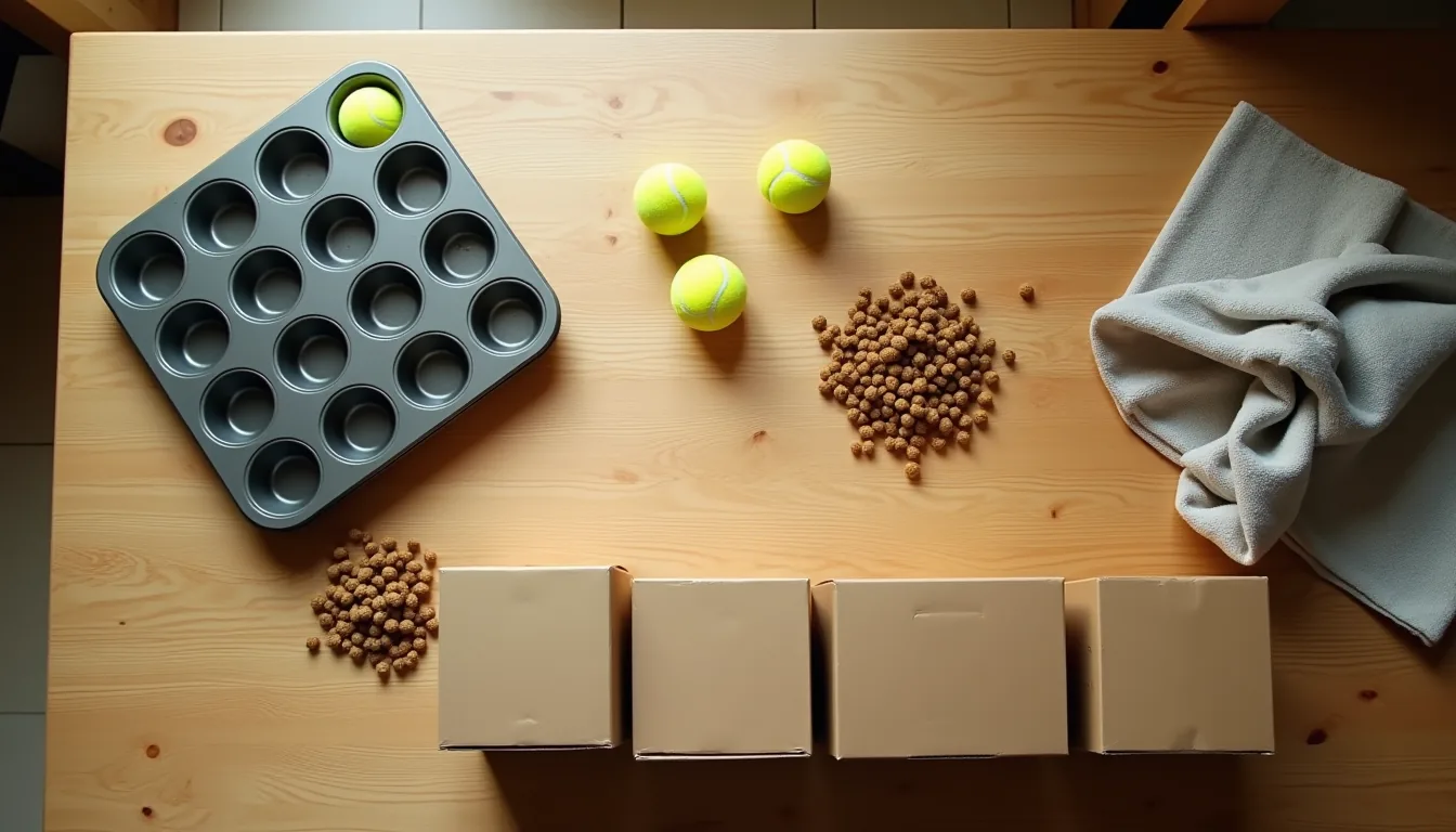 Overhead flat-lay of a muffin tin with tennis balls, kibble, a rolled towel, and cardboard boxes on a worn oak table.