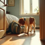Red-and-white cocker spaniel sniffing an open soft-sided travel carrier on a hardwood bedroom floor, framed through a doorway in warm morning light.