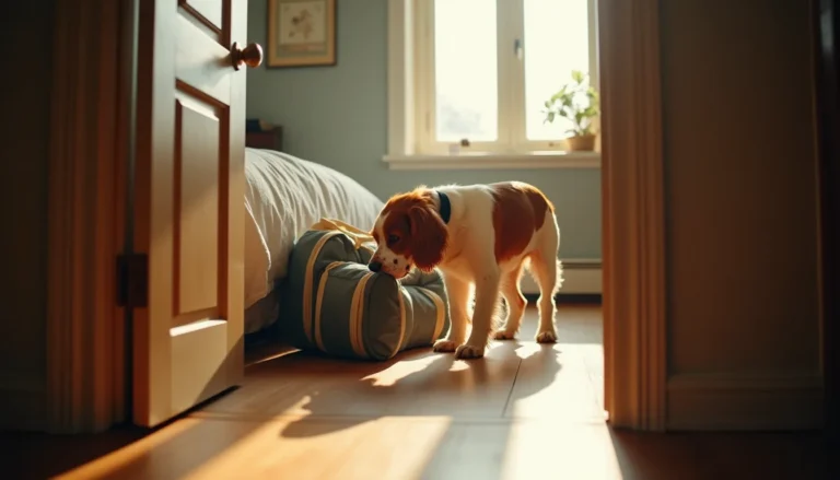 Red-and-white cocker spaniel sniffing an open soft-sided travel carrier on a hardwood bedroom floor, framed through a doorway in warm morning light.