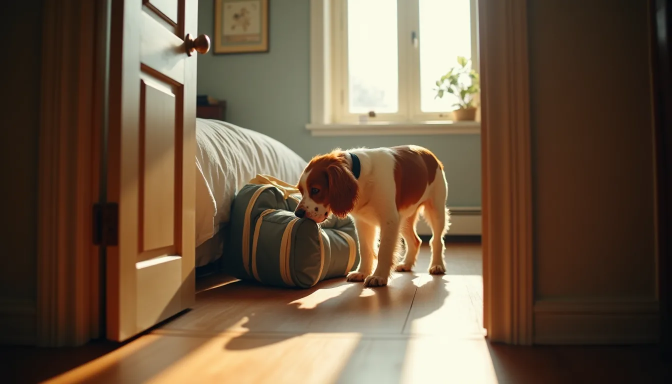Red-and-white cocker spaniel sniffing an open soft-sided travel carrier on a hardwood bedroom floor, framed through a doorway in warm morning light.