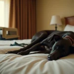 Sleek black greyhound resting on a white hotel bed, collapsed travel crate visible in the background near sheer curtains.