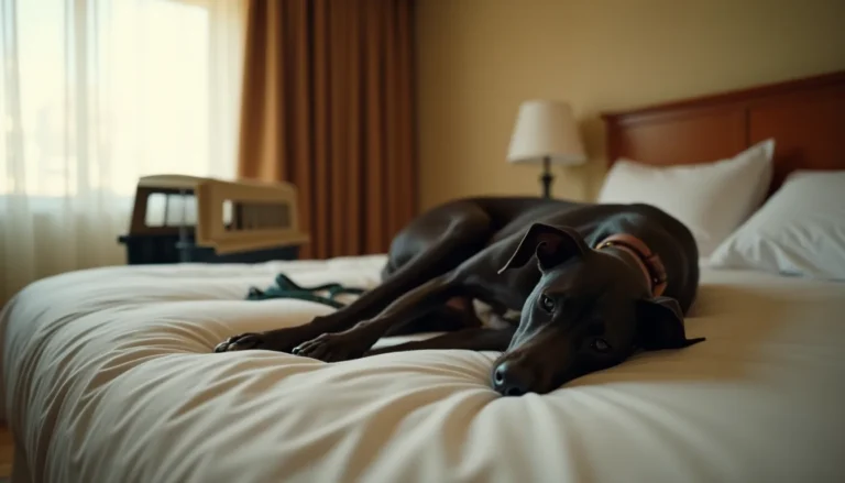 Sleek black greyhound resting on a white hotel bed, collapsed travel crate visible in the background near sheer curtains.
