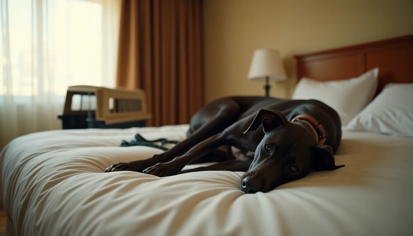 Sleek black greyhound resting on a white hotel bed, collapsed travel crate visible in the background near sheer curtains.
