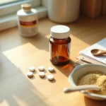 Overhead flat-lay of diphenhydramine tablets, ground ginger in a dish, and a wooden measuring spoon on a worn oak counter.