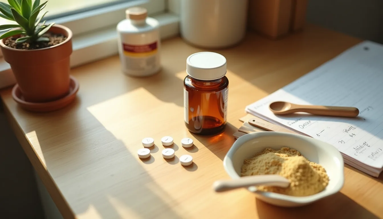 Overhead flat-lay of diphenhydramine tablets, ground ginger in a dish, and a wooden measuring spoon on a worn oak counter.