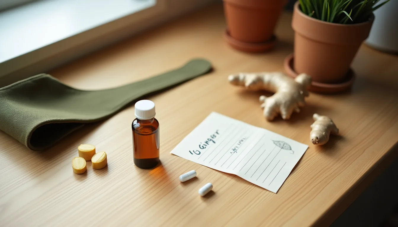 Overhead flat-lay of ginger capsules, a white pill, travel harness, and fresh ginger root on a worn oak counter.