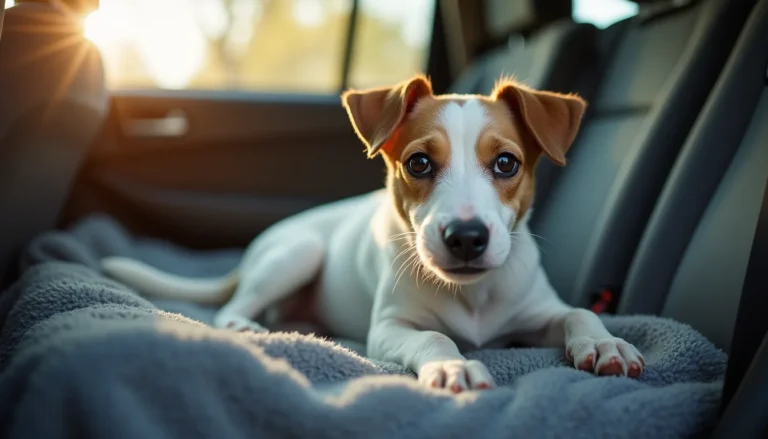 White and tan Jack Russell terrier lying on a gray travel blanket in a car back seat, looking up at the camera with a calm tilted expression.