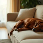 Smooth-coated red dachshund napping on a beige linen couch, side profile, with an open travel crate visible in the background.