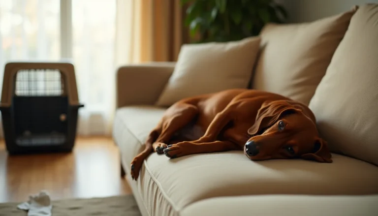 Smooth-coated red dachshund napping on a beige linen couch, side profile, with an open travel crate visible in the background.