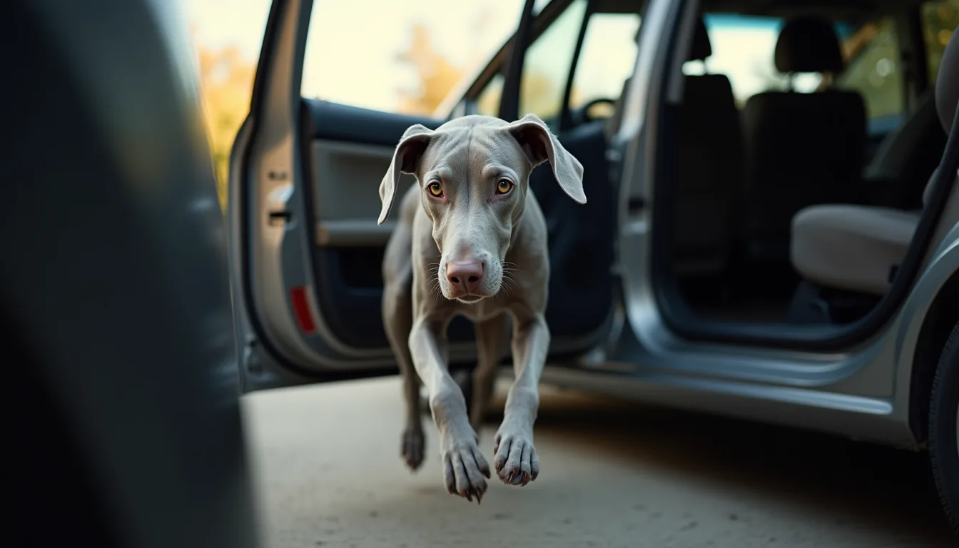 Silver-gray Weimaraner mid-leap into a car back seat on a concrete driveway, morning light, alert expression.