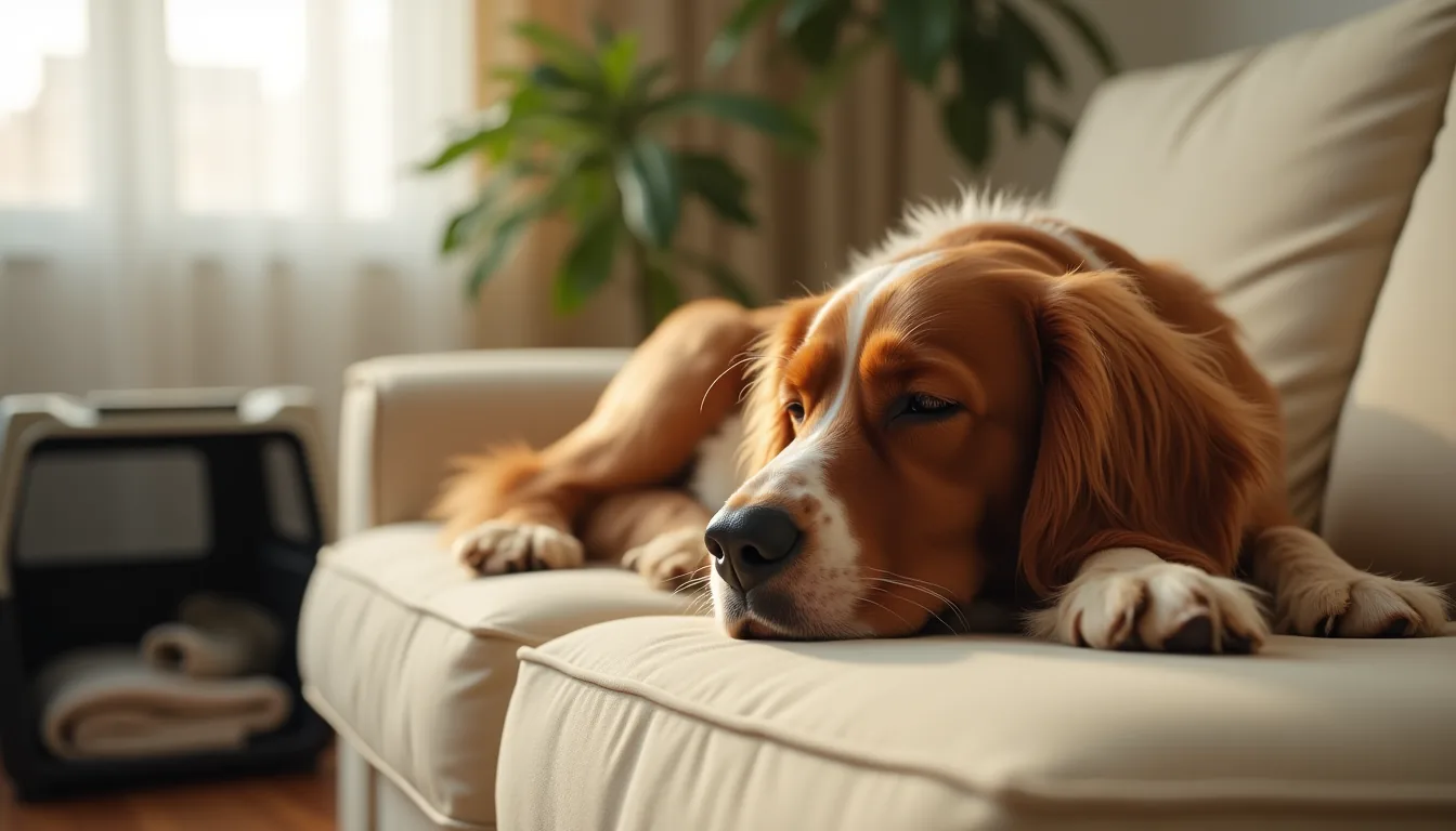 Red-and-white cocker spaniel napping on a cream couch, eyes half-closed, with an open travel crate and leash visible in the background.