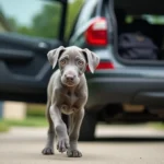 Silver-gray Weimaraner puppy mid-stride approaching an open car door in a driveway, travel crate visible in back seat.