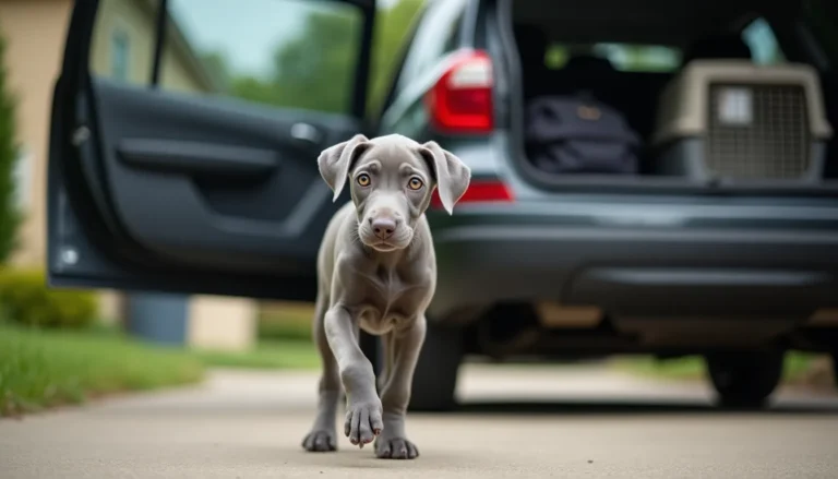 Silver-gray Weimaraner puppy mid-stride approaching an open car door in a driveway, travel crate visible in back seat.