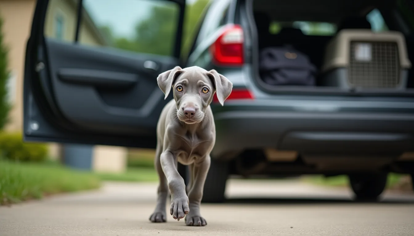 Silver-gray Weimaraner puppy mid-stride approaching an open car door in a driveway, travel crate visible in back seat.