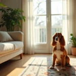 Red-and-white cocker spaniel sitting on a patterned rug in a sunlit living room with a sofa and leafy houseplant nearby.