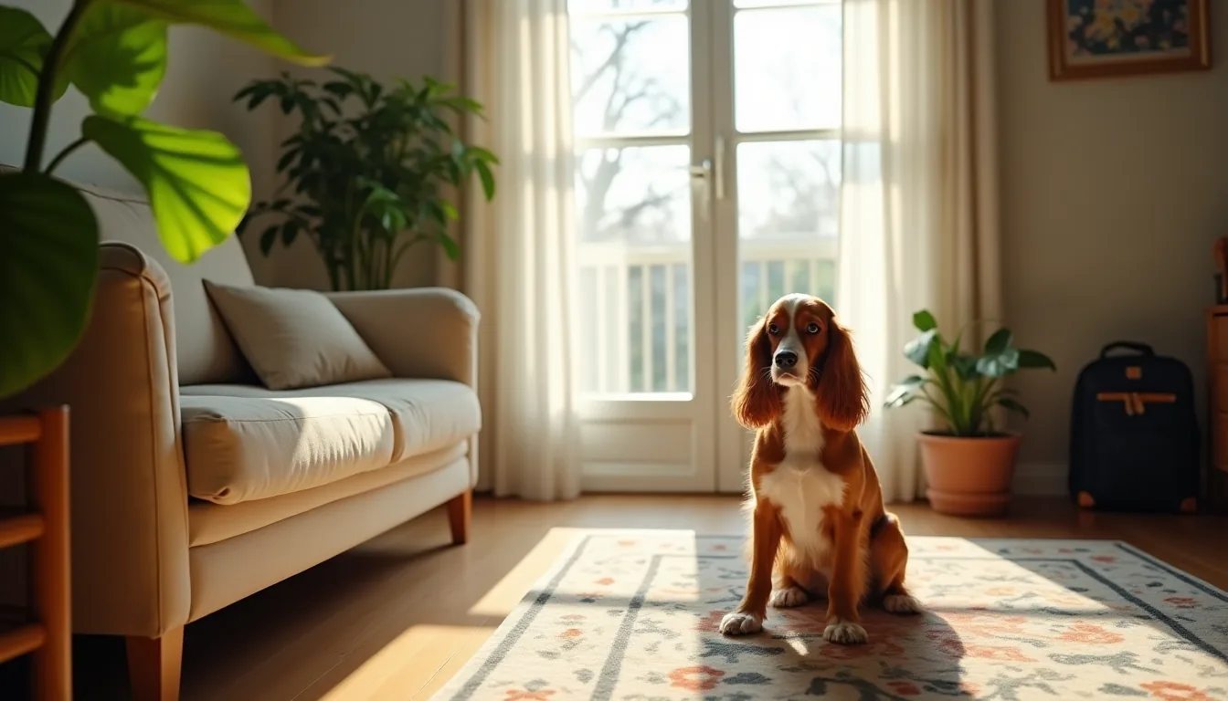 Red-and-white cocker spaniel sitting on a patterned rug in a sunlit living room with a sofa and leafy houseplant nearby.