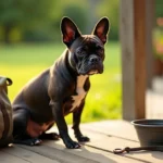Stocky brindle French Bulldog sitting alert on a wooden deck beside a travel bag, collapsible bowl, and leash in morning light.