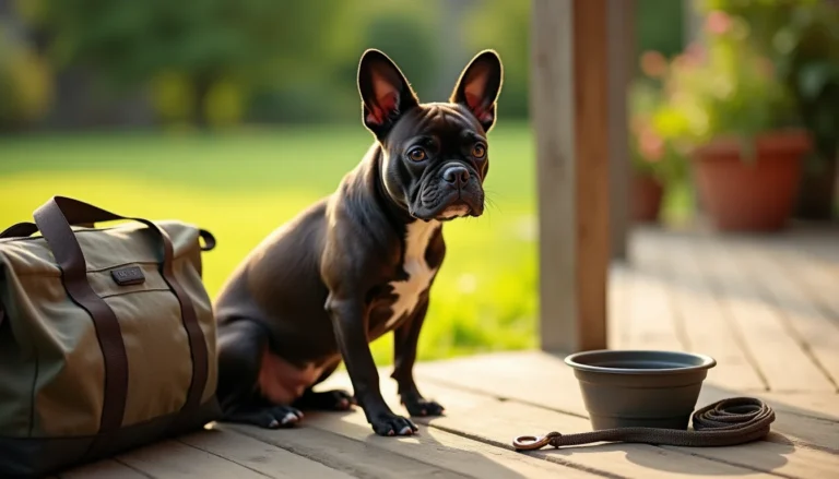 Stocky brindle French Bulldog sitting alert on a wooden deck beside a travel bag, collapsible bowl, and leash in morning light.
