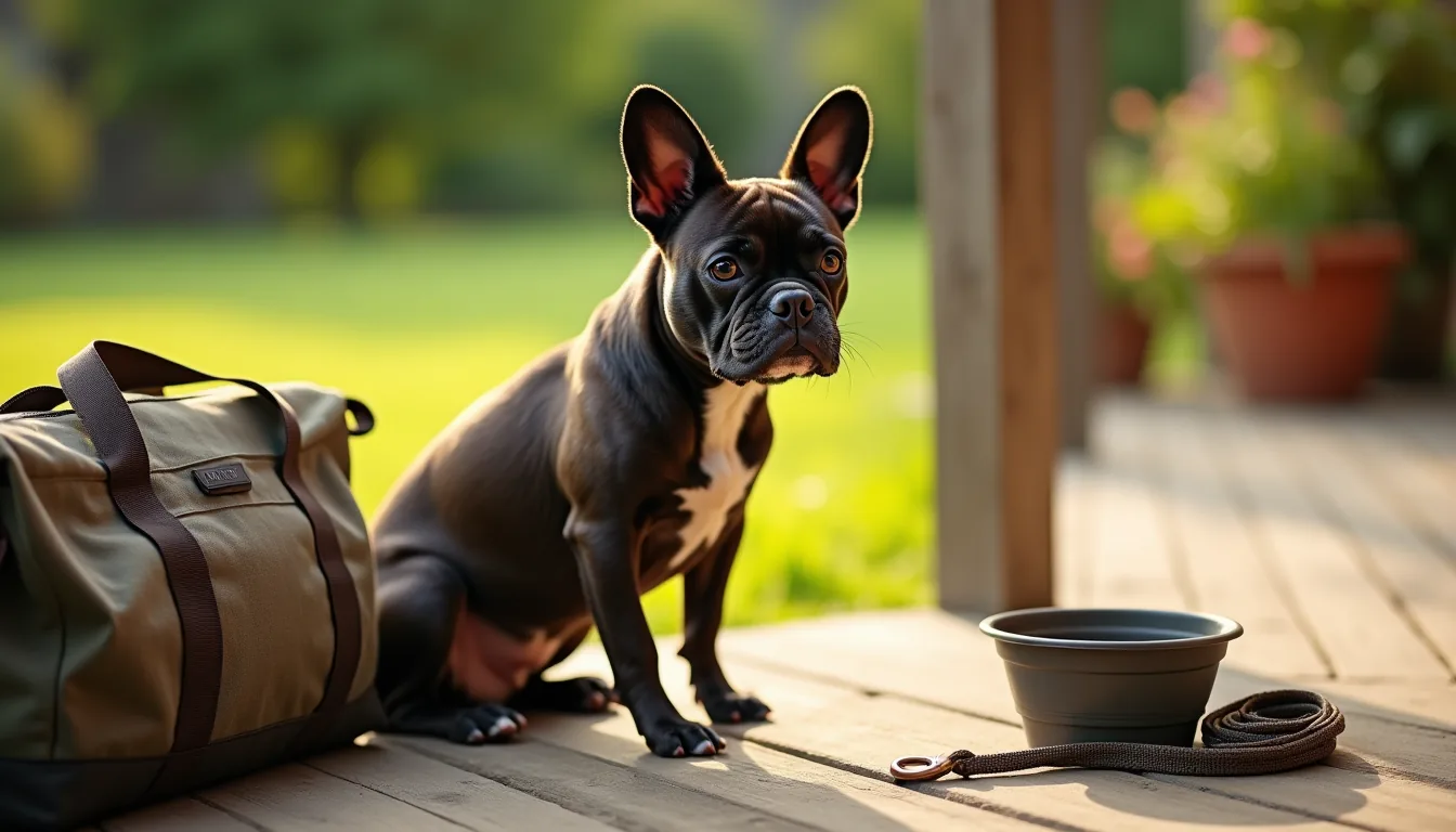 Stocky brindle French Bulldog sitting alert on a wooden deck beside a travel bag, collapsible bowl, and leash in morning light.